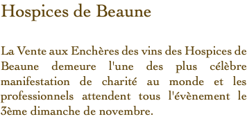 Hospices de Beaune La Vente aux Enchères des vins des Hospices de Beaune demeure l'une des plus célèbre manifestation de charité au monde et les professionnels attendent tous l'évènement le 3ème dimanche de novembre.